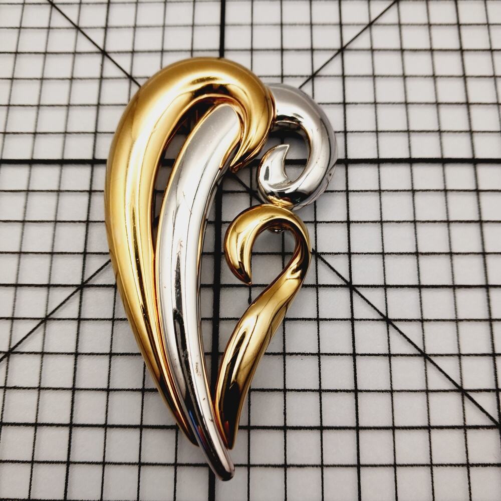 Brooch Pin VTG Gold Silver Tone Abstract Swirl Statement 80s Sculptural Curves